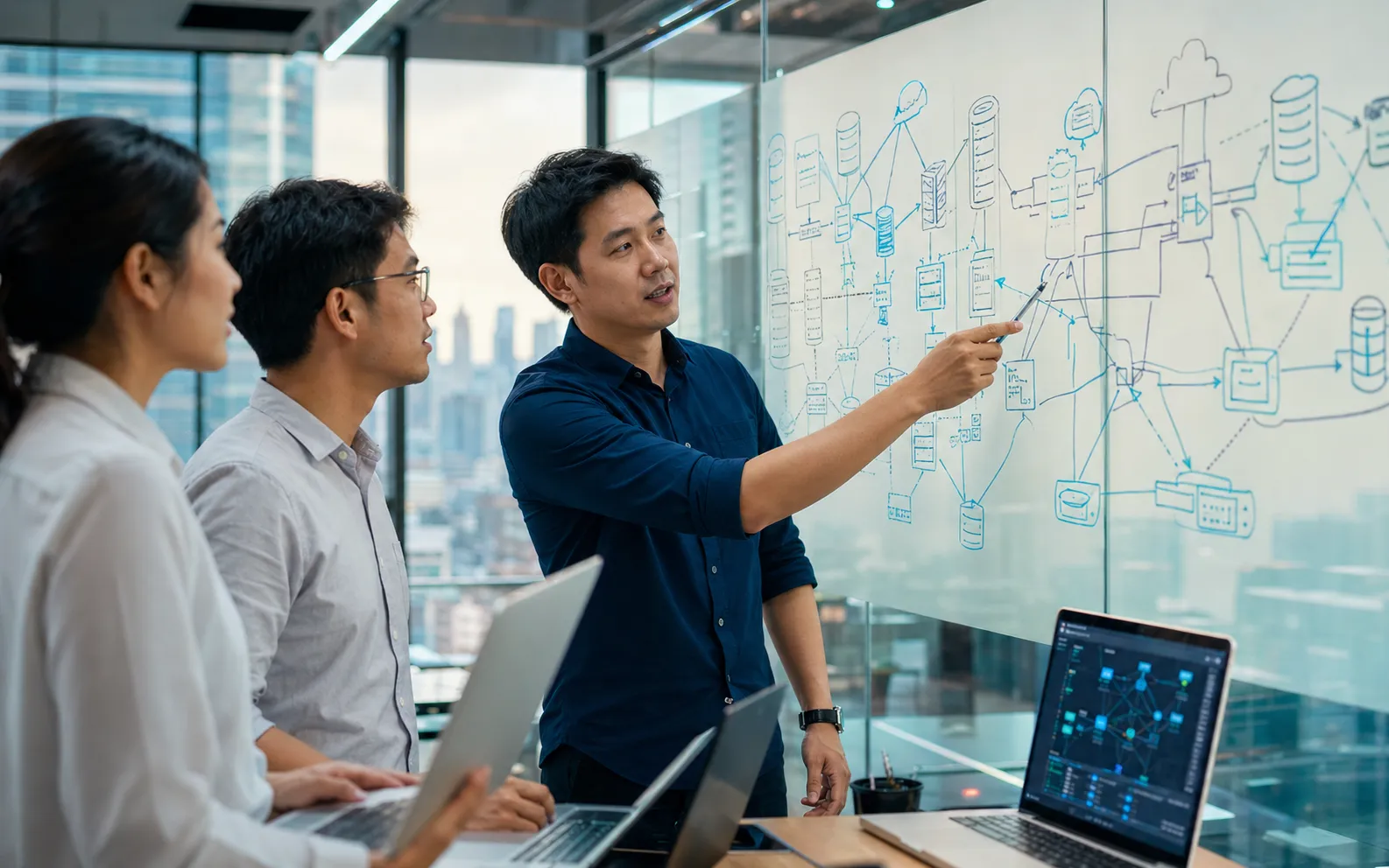 IT consultants collaborating at network architecture whiteboard, IT Services